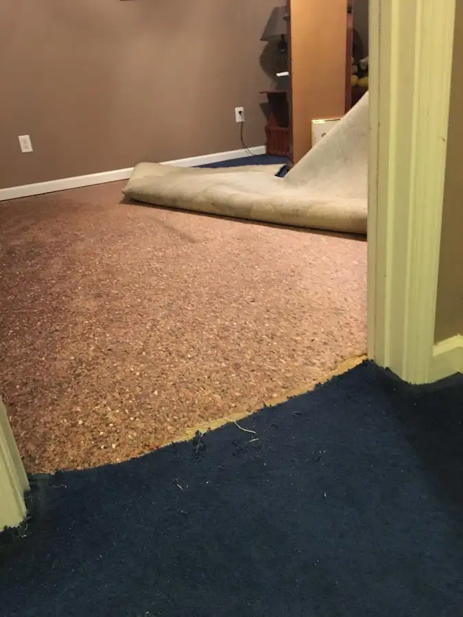Carpet pad removal revealing water damage during Drying & Dehumidification in Niagara Falls